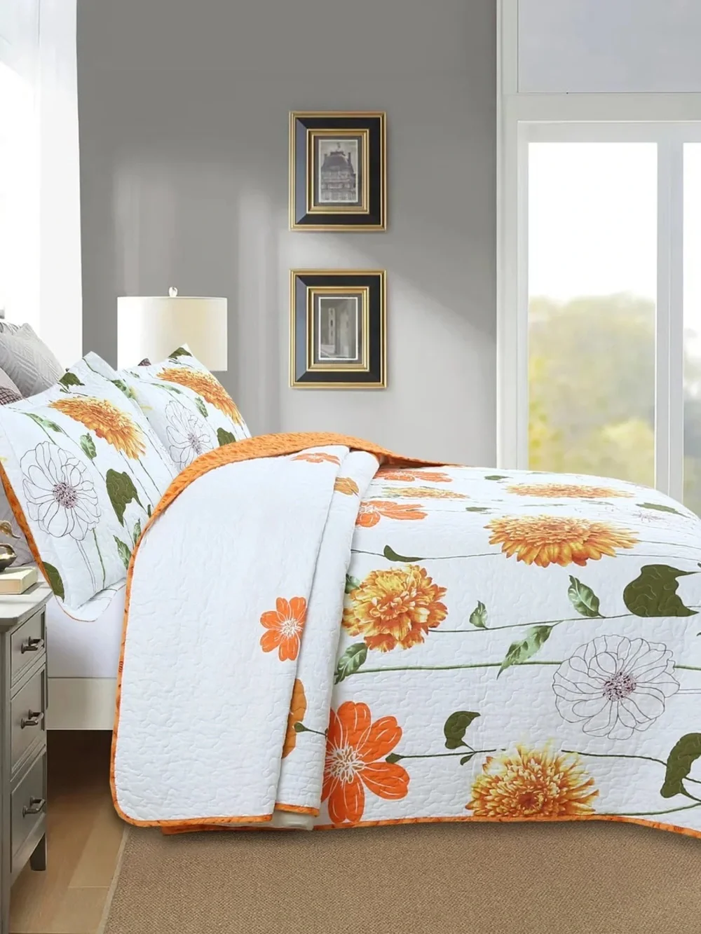 3 PIECE COTTON BOTANICAL FLORAL QUILT SET – LIGHTWEIGHT REVERSIBLE BEDSPREAD